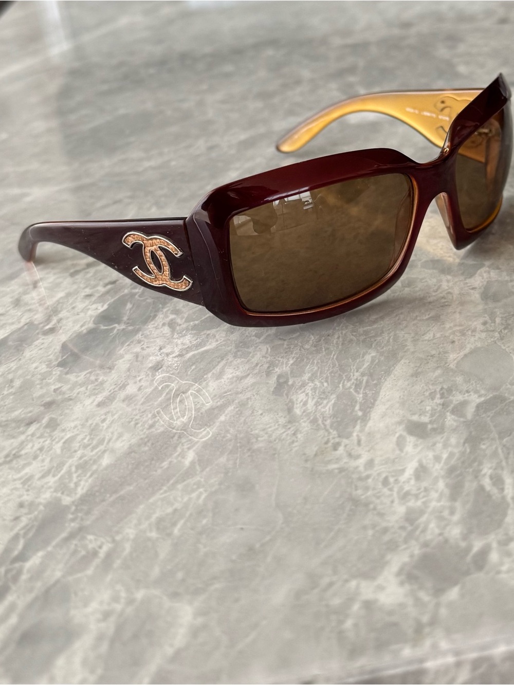 CHANEL Burgundy Rectangular Sunglasses with Gold CC Accent